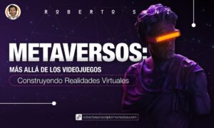 imagen con fondo oscuro y con una persona con luz en los ojos. El texto de la imagen pone Metaversos mas alla de los videojuegos construllendo realidades virtuales