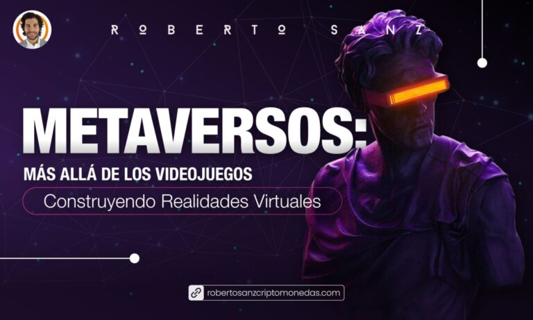 imagen con fondo oscuro y con una persona con luz en los ojos. El texto de la imagen pone Metaversos mas alla de los videojuegos construllendo realidades virtuales