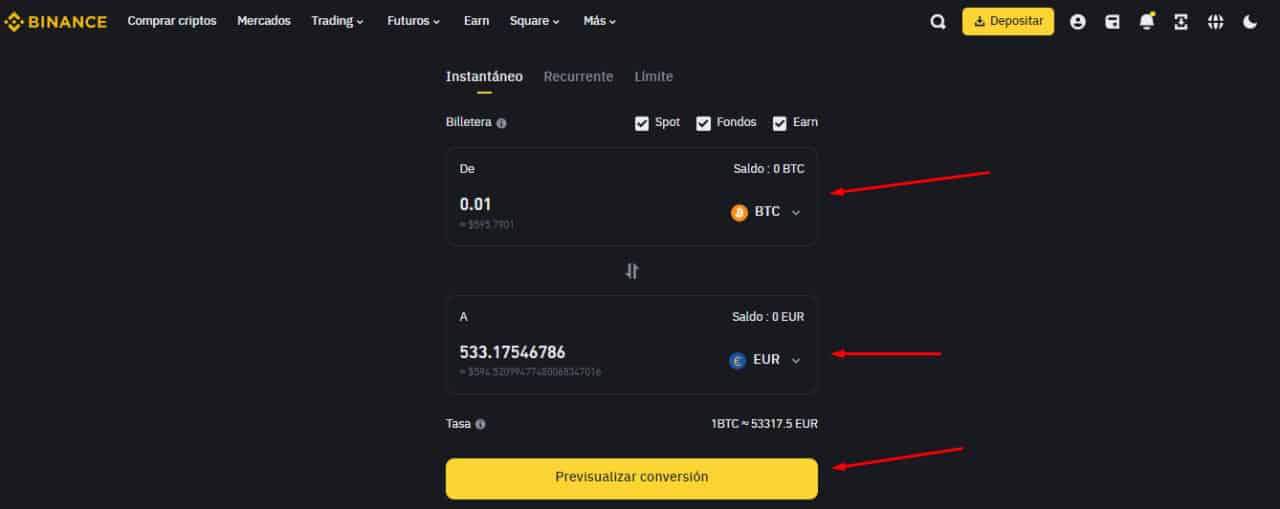 Cómo puedo cambiar BITCOIN a EUROS en BINANCE