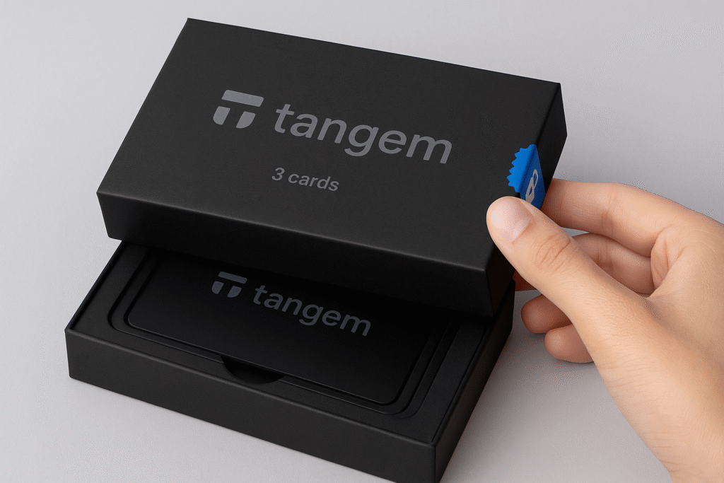 Paquete original de Tangem Wallet con tarjetas de seguridad y manual incluido