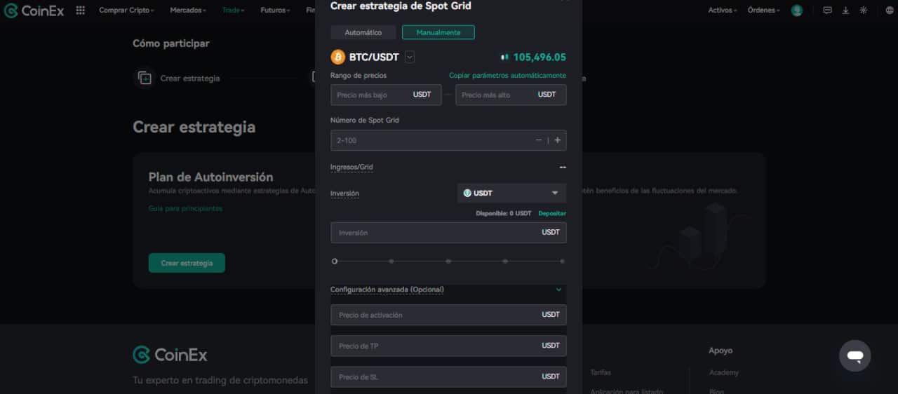 crear estrategia spot grid coinex 5
