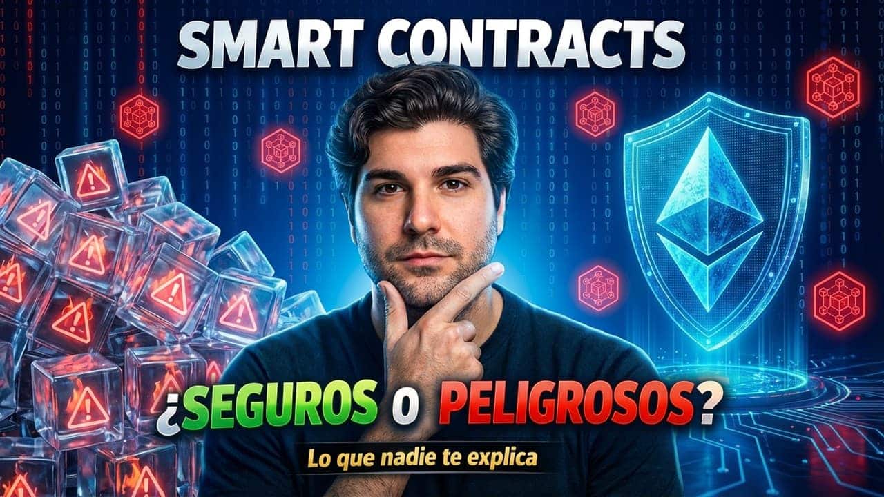 Miniatura sobre smart contracts y sus riesgos en blockchain, con símbolo de Ethereum, alertas de seguridad y el texto “¿seguros o peligrosos?”