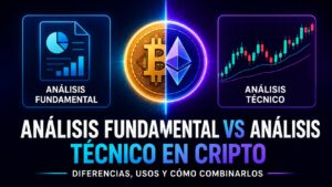 Imagen comparativa sobre análisis fundamental y análisis técnico aplicado a criptomonedas, con métricas de proyecto, gráficos de trading y Bitcoin.