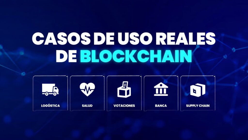 Créame una imagen de miniatura para el blog. Se llama: Casos de uso reales de blockchain: logística, salud, votaciones, banca y supply chain